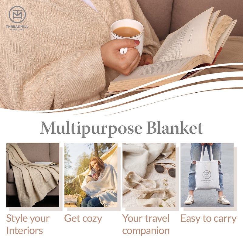 Threadmill Luxury Cotton Blankets for Queen Size Bed | All-Season 100% Cotton Queen Size Blanket | Herringbone Cozy, Soft Breathable Fall Thermal Blanket fits Full Size Bed | Vanilla Cream - Image 5